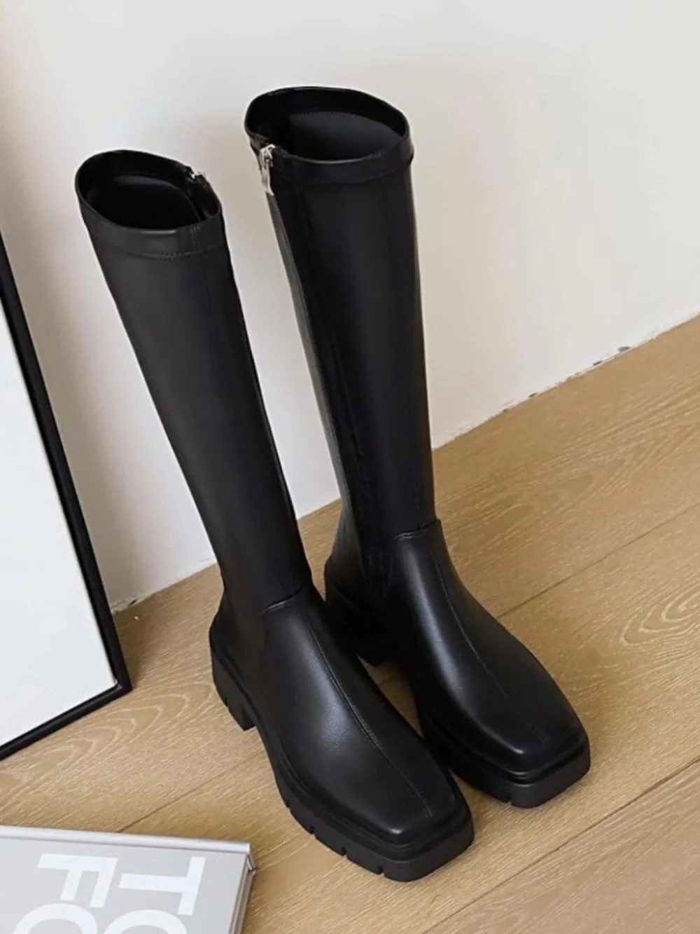 Women's Chunky Heel Knee high Boots Zipper Square Toe Platform Booties Goth